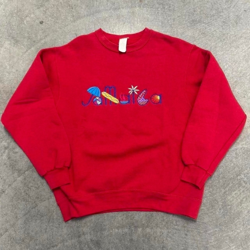 Vintage 90's Jamaica Crewneck Red Embroidered Cotton Pullover Small